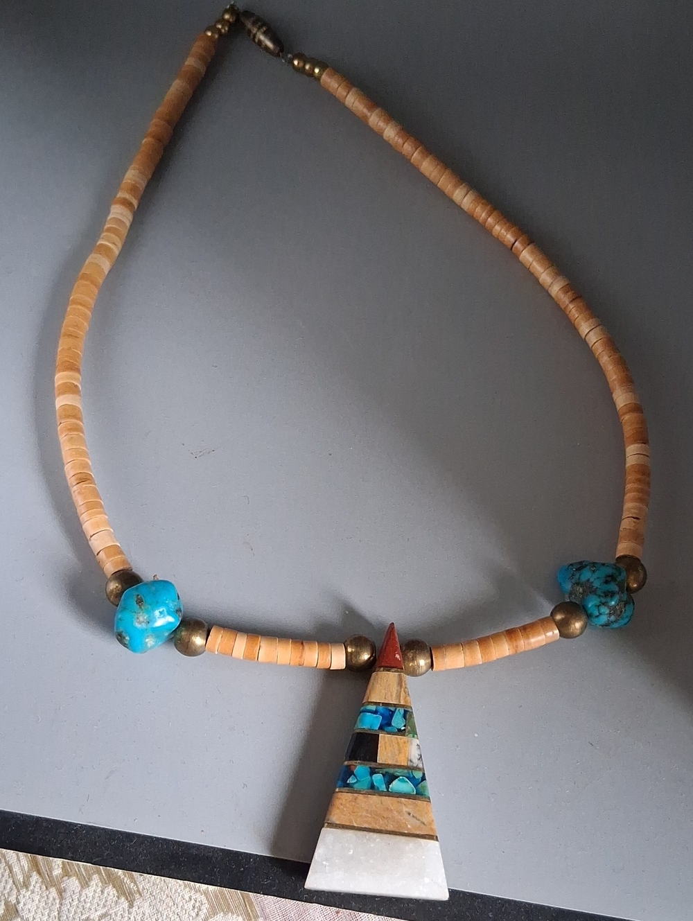 Handmade Turquoise and Shell Inlay Pendant Necklace - Brown